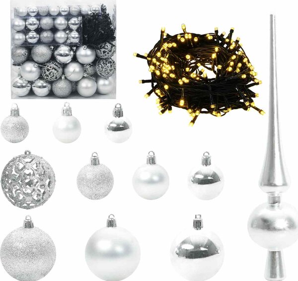 VidaXL Vánoční stromeček PVC, s 300 LED diodami a stříbrnými koulemi [3396492] Barva: Stříbrná, Velikost: 180 cm