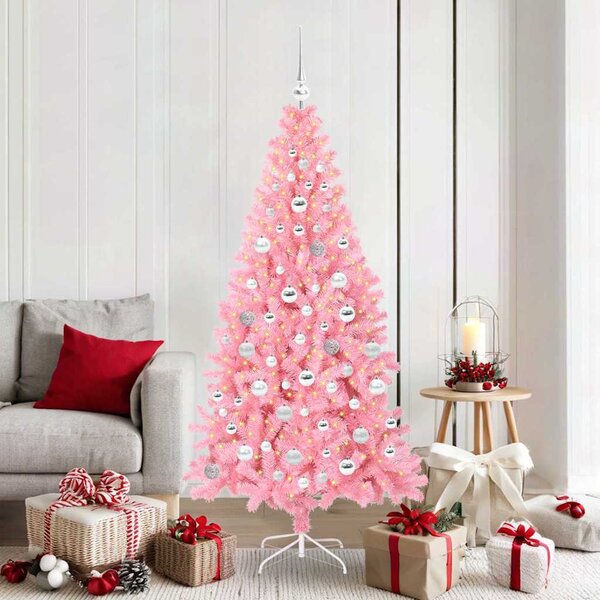 VidaXL Vánoční stromeček PVC, s 300 LED diodami a stříbrnými koulemi [3396492] Barva: Stříbrná, Velikost: 180 cm