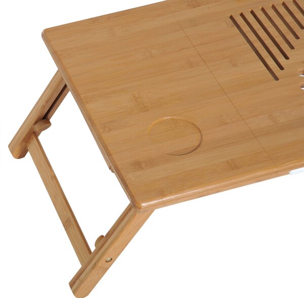 HOMCOM Bambusový stůl pro notebook, podnos na snídani, skládací, polohovatelný, nastavitelná výška, 1 zásuvka, 55x35x22-32,5 cm | Aosom