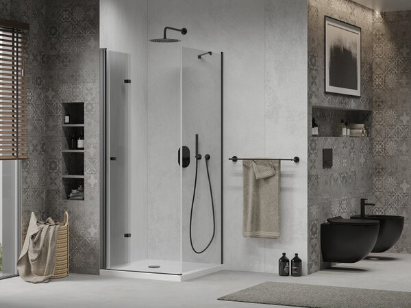 Mexen Lima, sprchový kout se skládacími dveřmi 70 (dveře) x 70 (stěna) cm, 6mm čiré sklo, černý profil + slim sprchová vanička bílá s černým sifonem,…