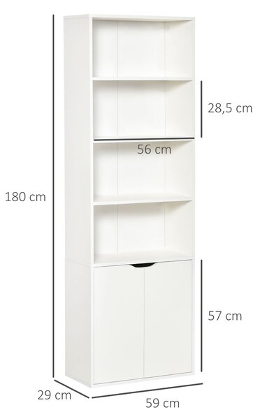 HOMCOM Knihařský regál se 4 otevřenými přihrádkami a 2 dvířky do obývacího pokoje a kanceláře, nosnost 80 kg, rozměry 59x29x180 cm, bílý | Aosom