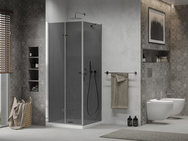 Mexen Lima, sprchový kout se skládacími dveřmi 80 (dveře) x 80 (stěna) cm, 6mm šedé sklo, chromový profil + slim sprchová vanička bílá + chromový sifon, 856-080-070-01-40-4010