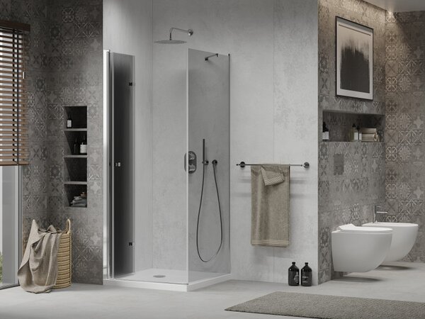 Mexen Lima, sprchový kout se skládacími dveřmi 80 (dveře) x 80 (stěna) cm, 6mm šedé sklo, chromový profil + slim sprchová vanička bílá + chromový sifon, 856-080-070-01-40-4010
