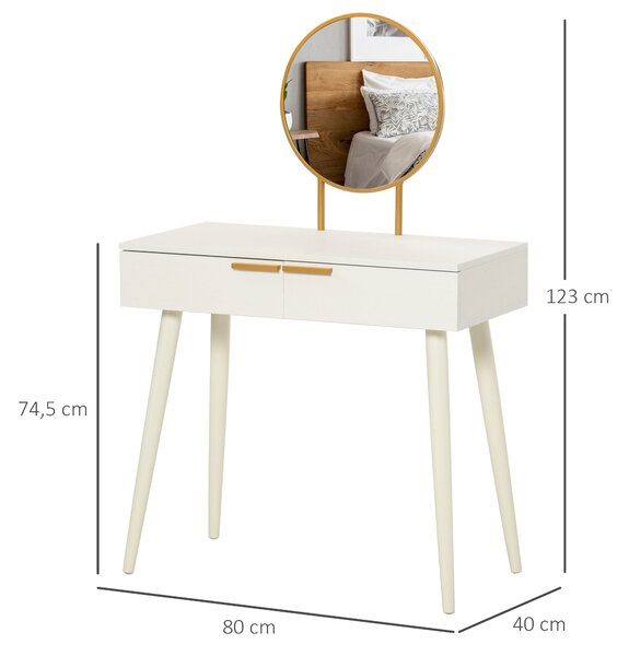 HOMCOM Toaletní stolek s kulatým zrcadlem, líčící stolek se 2 zásuvkami, moderní styl pro ložnici nebo šatnu 80x40x123 cm Bílý | Aosom