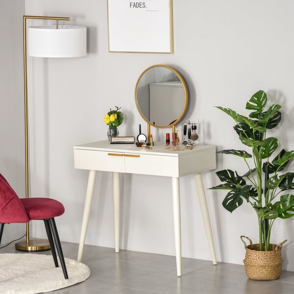 HOMCOM Toaletní stolek s kulatým zrcadlem, líčící stolek se 2 zásuvkami, moderní styl pro ložnici nebo šatnu 80x40x123 cm Bílý | Aosom