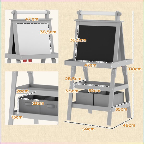 AIYPLAY Dětský malířský stojan 3 v 1 - Magnetická oboustranná dětská tabule s papírovým válečkem a úložnými košíky 59x48x118 cm Šedá | Aosom