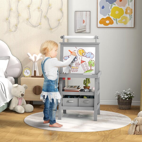 AIYPLAY Dětský malířský stojan 3 v 1 - Magnetická oboustranná dětská tabule s papírovým válečkem a úložnými košíky 59x48x118 cm Šedá | Aosom