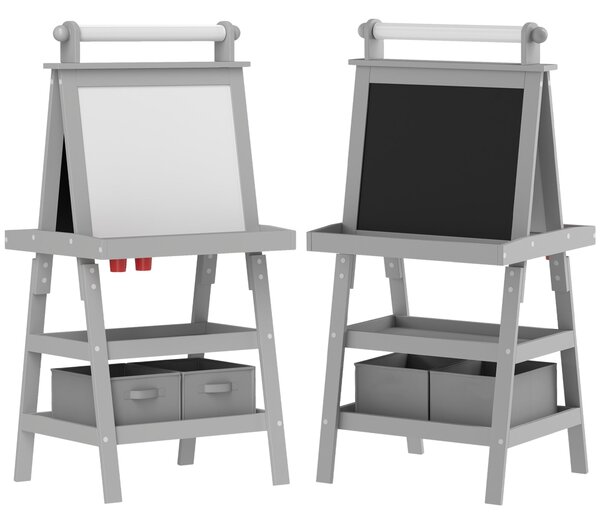 AIYPLAY Dětský malířský stojan 3 v 1 - Magnetická oboustranná dětská tabule s papírovým válečkem a úložnými košíky 59x48x118 cm Šedá | Aosom