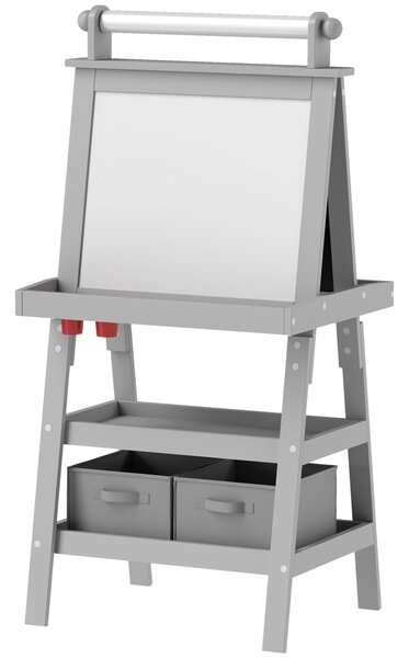 AIYPLAY Dětský malířský stojan 3 v 1 - Magnetická oboustranná dětská tabule s papírovým válečkem a úložnými košíky 59x48x118 cm Šedá | Aosom