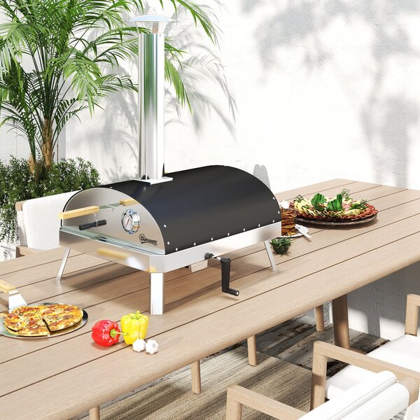 Outsunny Mini Přenosná Zahradní Pizza Pec na Dřevo s Refraktární Kamenem Ø33 cm Dřevěnými Rukojeťmi, Teploměrem a Otočným Talířem | Aosom