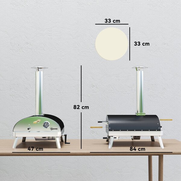 Outsunny Mini Přenosná Zahradní Pizza Pec na Dřevo s Refraktární Kamenem Ø33 cm Dřevěnými Rukojeťmi, Teploměrem a Otočným Talířem | Aosom
