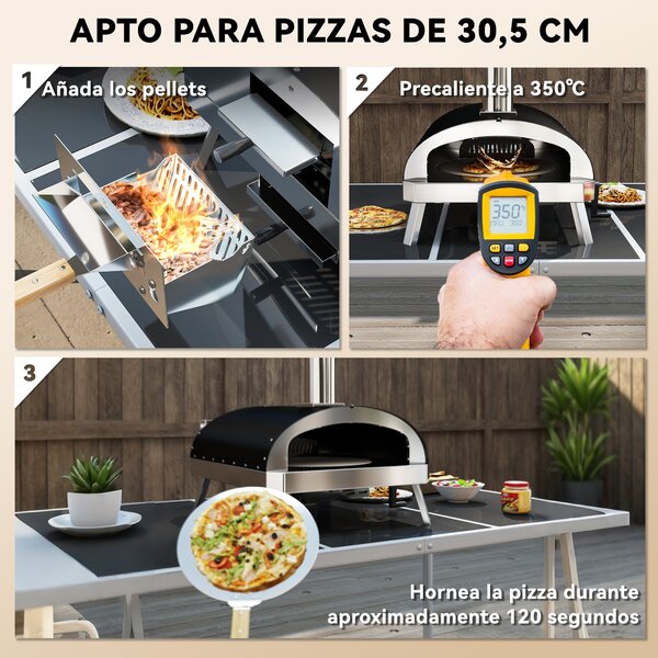 Outsunny Mini Přenosná Zahradní Pizza Pec na Dřevo s Refraktární Kamenem Ø33 cm Dřevěnými Rukojeťmi, Teploměrem a Otočným Talířem | Aosom