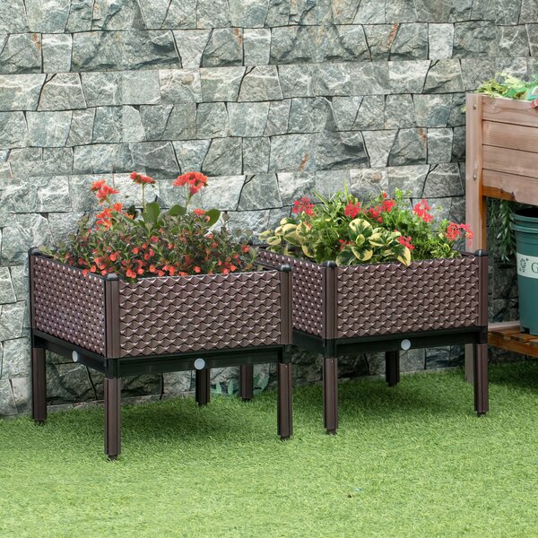 Outsunny Sada 2 Zvednutých Čtvercových Květináčů pro Exteriér – Kombinovatelné Květináče pro Zahradu a Terasu 50x50x46,5 cm Hnědé | Aosom