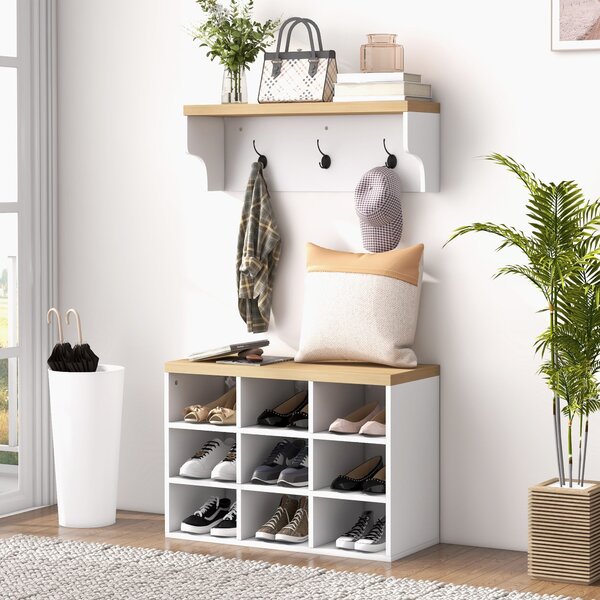 HOMCOM Stojan na kabáty a botník 2 v 1 - Vstupní nábytek se 3 háčky a policemi pro 9 párů bot 75x30x50 cm a 75x20x22,5 cm Bílý | Aosom