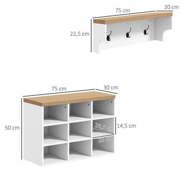 HOMCOM Stojan na kabáty a botník 2 v 1 - Vstupní nábytek se 3 háčky a policemi pro 9 párů bot 75x30x50 cm a 75x20x22,5 cm Bílý | Aosom