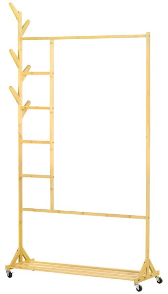 HOMCOM Bambusový stojan na šaty s kolečky, věšák s 6 háčky, závěsná tyč a police pro chodbu, předsíň, ložnici 100x37x191 cm Přírodní | Aosom
