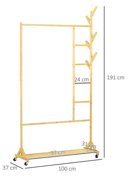 HOMCOM Bambusový stojan na šaty s kolečky, věšák s 6 háčky, závěsná tyč a police pro chodbu, předsíň, ložnici 100x37x191 cm Přírodní | Aosom