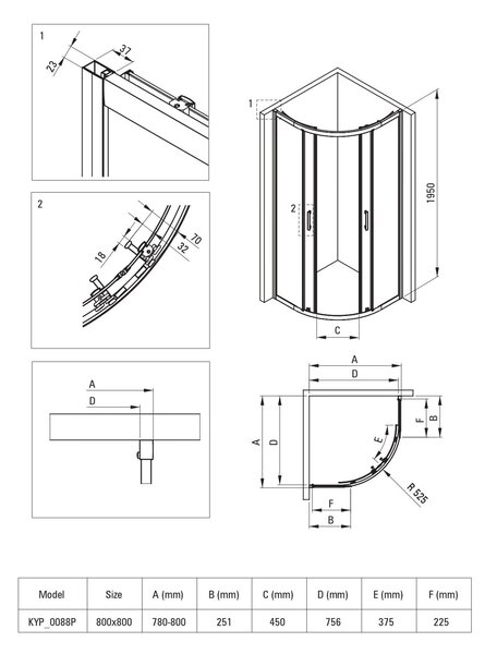 Deante Funkia Evo sprchový kout s vaničkou 80x80 cm půlkulatá černá matný/vzorované sklo KYPPNB88P