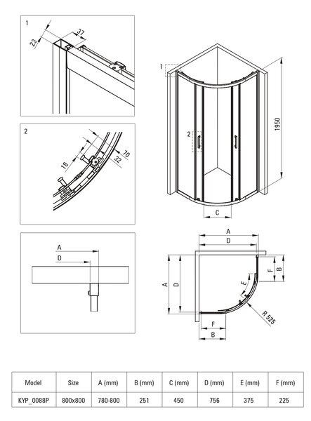 Deante Funkia Evo sprchový kout s vaničkou 80x80 cm půlkulatá chrom lesk/vzorované sklo KYPP0E88P