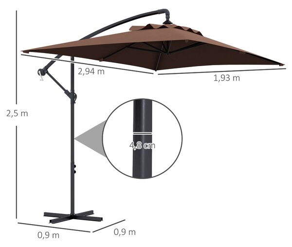 Zastřešení Outsunny 294x193 cm s křížovou základnou a klikou - Voděodolný slunečník s UV ochranou pro terasu a balkon hnědý | Aosom
