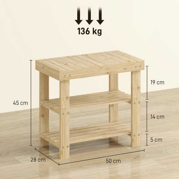 HOMCOM Bambusová botníková lavice, 3-vrstvá organizace pro 4 páry bot, 50x28x45 cm | Aosom