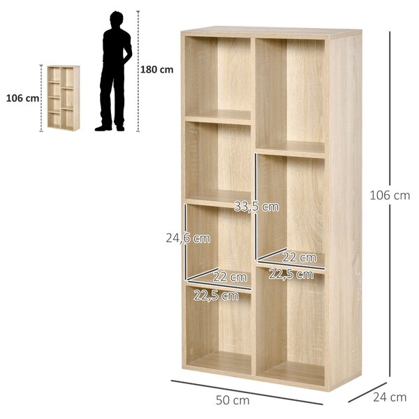 HOMCOM Knihařská police dřevěný regál s 7 úložnými prostory do obývacího pokoje, ložnice, kanceláře 50x24x106 cm Dub | Aosom