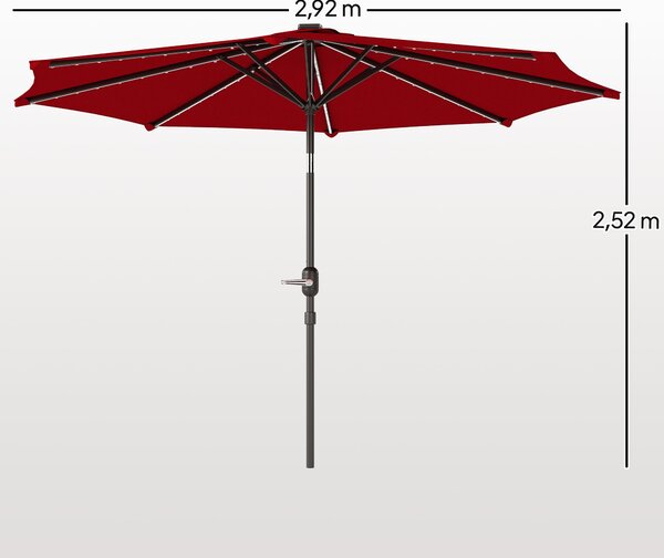 Slunečník Outsunny s solárními LED světly Ø292x252 cm - Zahradní slunečník s nastavitelným sklonem až 45° - Voděodolný a kličkový slunečník na terasu