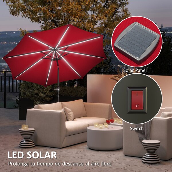 Slunečník Outsunny s solárními LED světly Ø292x252 cm - Zahradní slunečník s nastavitelným sklonem až 45° - Voděodolný a kličkový slunečník na terasu