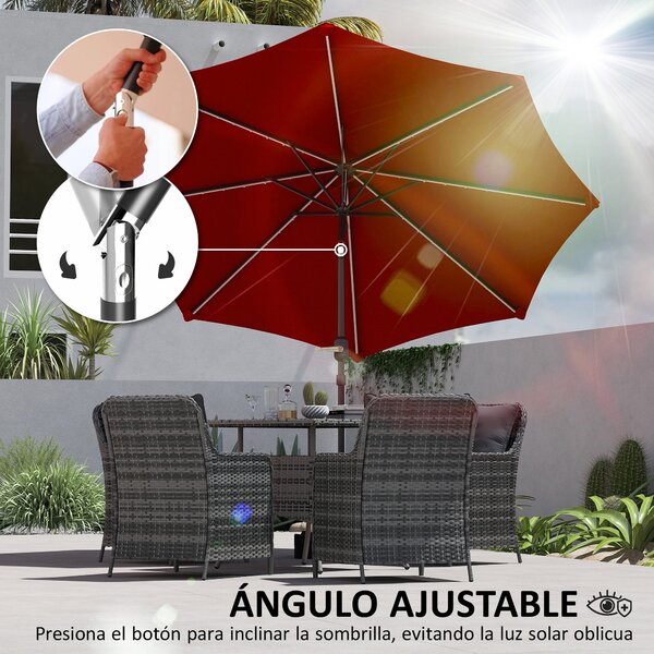 Slunečník Outsunny s solárními LED světly Ø292x252 cm - Zahradní slunečník s nastavitelným sklonem až 45° - Voděodolný a kličkový slunečník na terasu