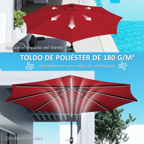 Slunečník Outsunny s solárními LED světly Ø292x252 cm - Zahradní slunečník s nastavitelným sklonem až 45° - Voděodolný a kličkový slunečník na terasu