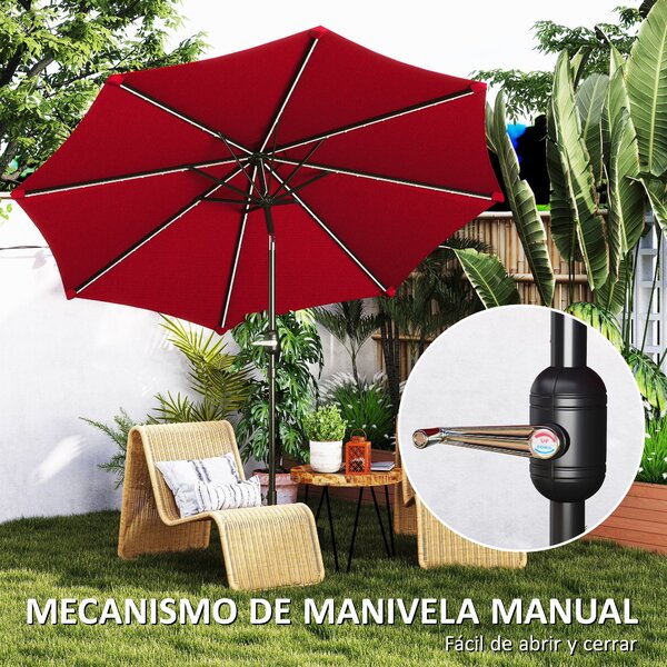 Slunečník Outsunny s solárními LED světly Ø292x252 cm - Zahradní slunečník s nastavitelným sklonem až 45° - Voděodolný a kličkový slunečník na terasu