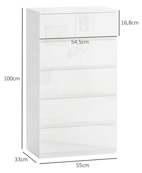 HOMCOM 5-zásuvkový komoda Moderní komoda se systémem proti převrhnutí pro obývací pokoj a chodbu 55x33x100 cm lesklá bílá | Aosom