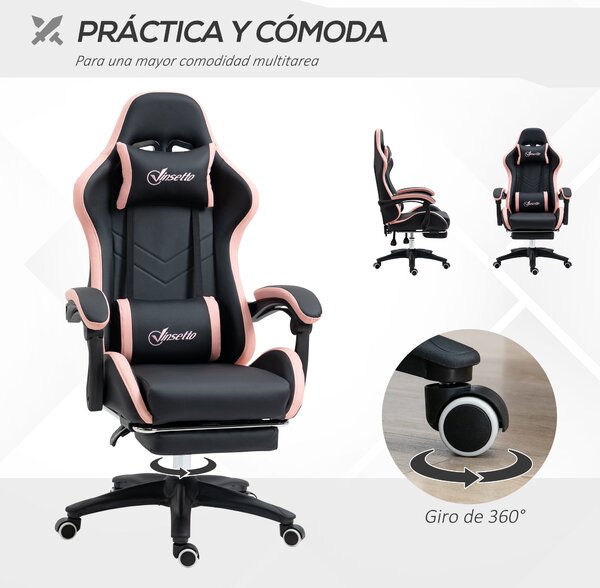 Vinsetto Herní Křeslo Racing Gamer Křeslo PU Kůže s Nastavitelnou Výškou, Polohováním 135°, Opěrkou Hlava, Bederní Oporou a Sklopným Podnožím pro Kanc