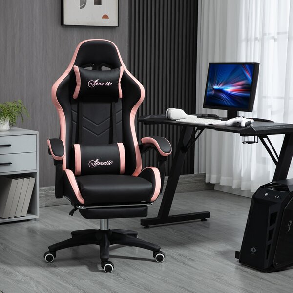 Vinsetto Herní Křeslo Racing Gamer Křeslo PU Kůže s Nastavitelnou Výškou, Polohováním 135°, Opěrkou Hlava, Bederní Oporou a Sklopným Podnožím pro Kanc