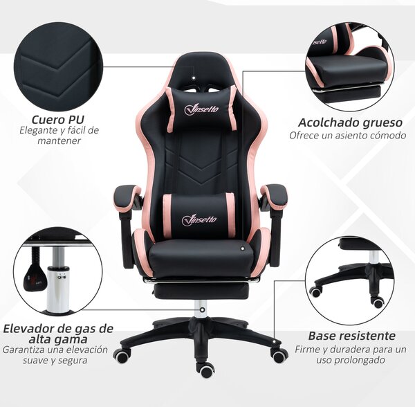 Vinsetto Herní Křeslo Racing Gamer Křeslo PU Kůže s Nastavitelnou Výškou, Polohováním 135°, Opěrkou Hlava, Bederní Oporou a Sklopným Podnožím pro Kanc