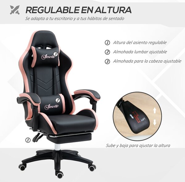 Vinsetto Herní Křeslo Racing Gamer Křeslo PU Kůže s Nastavitelnou Výškou, Polohováním 135°, Opěrkou Hlava, Bederní Oporou a Sklopným Podnožím pro Kanc