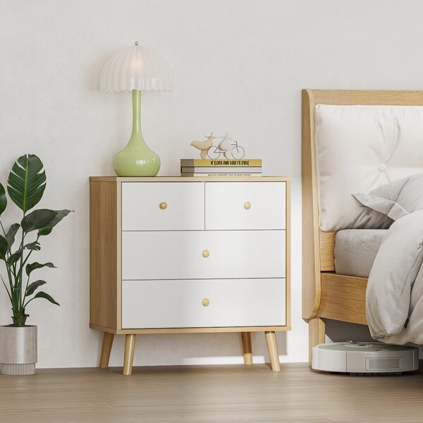 HOMCOM Komoda se 4 šuplíky pro ložnici s dřevěnými úchyty, úzká komoda do obývacího pokoje a chodby 60x35x65 cm dub a bílá | Aosom