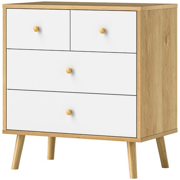 HOMCOM Komoda se 4 šuplíky pro ložnici s dřevěnými úchyty, úzká komoda do obývacího pokoje a chodby 60x35x65 cm dub a bílá | Aosom