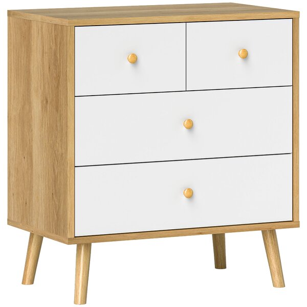 HOMCOM Komoda se 4 šuplíky pro ložnici s dřevěnými úchyty, úzká komoda do obývacího pokoje a chodby 60x35x65 cm dub a bílá | Aosom