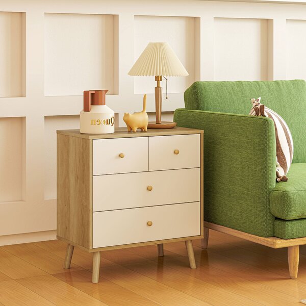 HOMCOM Komoda se 4 šuplíky pro ložnici s dřevěnými úchyty, úzká komoda do obývacího pokoje a chodby 60x35x65 cm dub a bílá | Aosom