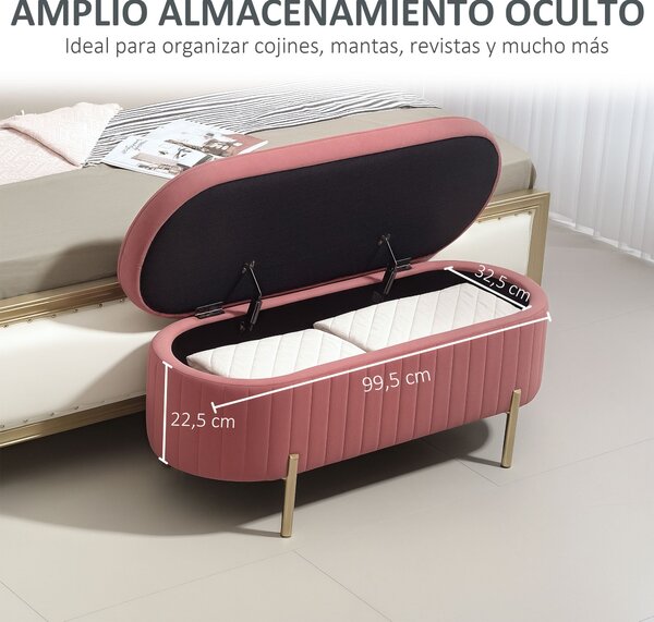 HOMCOM Potažená sametem lavice na konci postele se zlatými nohami, 108x44x43,5 cm, Růžová | Aosom