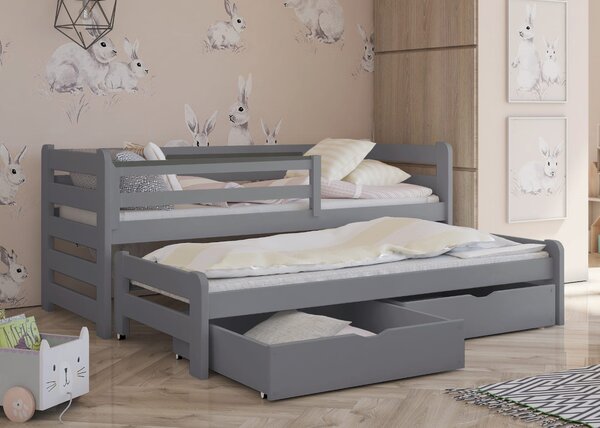Dětská postel z masivu SANDRA s přistýlkou a šuplíky - 200x90 cm - ŠEDÁ