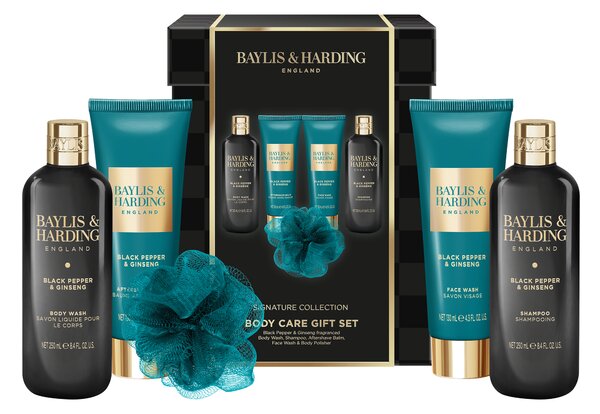 Baylis & Harding Black Pepper & Ginseng - sada péče o tělo a houbičky, 5 ks