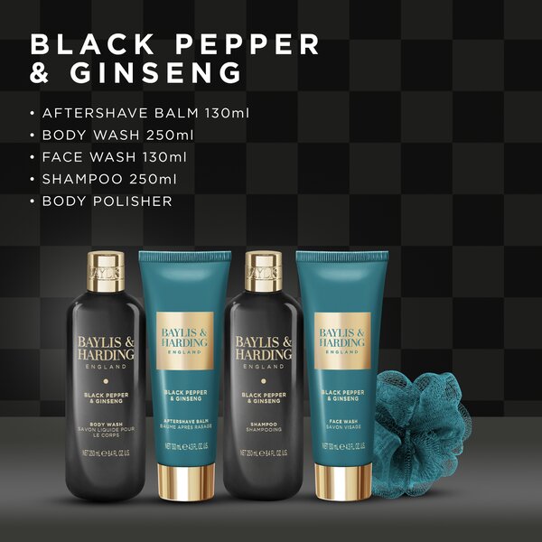 Baylis & Harding Black Pepper & Ginseng - sada péče o tělo a houbičky, 5 ks