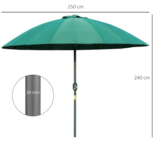 Zahradní slunečník Outsunny Ø250 cm s nastavitelným úhlem, 18 žebry a kličkou, voděodolný slunečník pro terasu a patio – zelený | Aosom