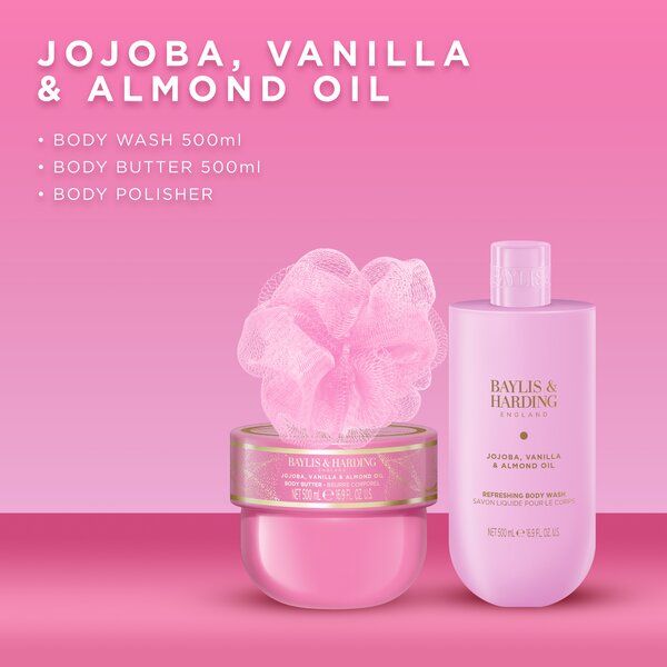 Baylis & Harding Jojoba, Vanilla & Almond Oil - sada tělové péče a houbičky, 3 ks