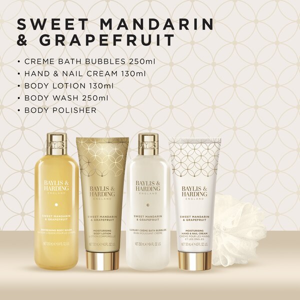 Baylis & Harding Sweet Mandarin & Grapefruit - sada péče o tělo a houbičky, 5 ks
