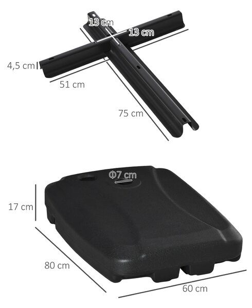 Základna slunečníku Outsunny s 2 koly, plněná vodou (60 kg), pískem (68 kg) nebo směsí (75 kg) pro křížovou základnu do zahrady, na terasu 80x60x17 cm