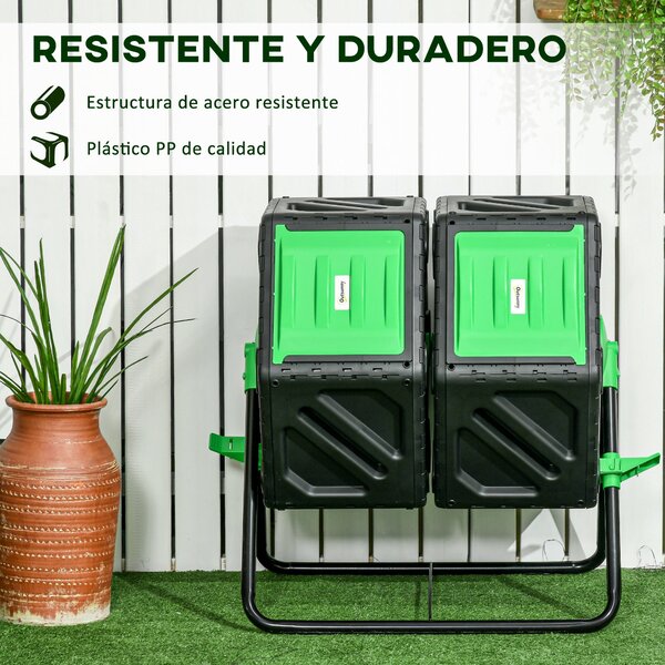 Outsunny 130L Dvoukomorový Rotující Komposter Zahradní Kompostér s Ventilačními Otvory a Ocelovými Nohy 67x60x77 cm Černý | Aosom