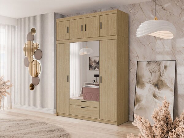 Šatní skříň se zrcadlem Melen 4D + nástavec, Barva: pískově béžová 5903211475740